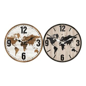 Wall Clock DKD Home Decor Black Brown MDF Wood World Map (34 x 4 x 34 cm) (2 pcs)