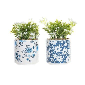 Decorative Plant DKD Home Decor Vase Porcelain Blue White Green PE (13.5 x 13.5 x 25 cm) (2 Units)