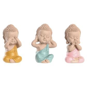 Decorative Figure DKD Home Decor Blue Pink Buddha Yellow Resin (7 x 5 x 10,5 cm) (5,5 x 5 x 10,5 cm) (3 Units)