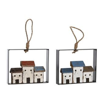 Wall Decoration DKD Home Decor Blue Wood Brown White Houses (18 x 3 x 15 cm) (2 Units)