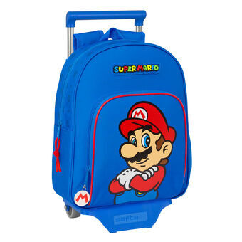 School Rucksack with Wheels Super Mario Play Blue Red 28 x 34 x 10 cm