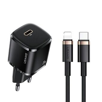 USAMS belastning. netværk. 1xUSB-C T36 mini 20W + USB-C-Lightning kabel sort/sort PD3.0 Hurtig opladning XFKXLOGTL01 (US-CC124+US-SJ484)