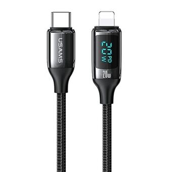 USAMS U78 USB-C to Lightning LED 1.2m 20W PD Fast Charge Braided Cable Black / Black SJ545USB01 (US-SJ545)