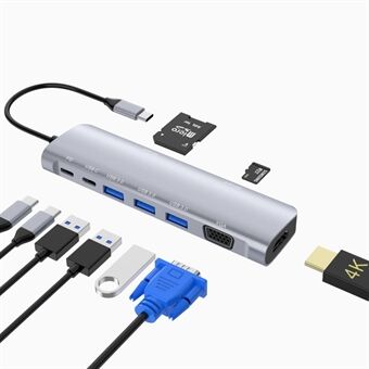 YSTC9048 9 in 1 Multi-port USB C Hub Portable High-speed Data Sync Converter USB C to USB3.0 TF SD Adapter Support HDMI  VGA