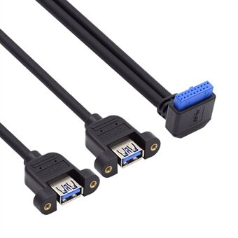 U3-088-DN Angled 19Pin 20Pin Male to USB 3.0 Dual Ports Female Cable Screw Mount Type 90 Degree 5Gbps Cord