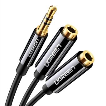 UGREEN 20816 20cm 3.5mm Male to Dual 3.5mm Female Adapter AUX Cable Gold-Plated Connectors Braided Copper Wire for PCs/Laptops/Smartphones - Black