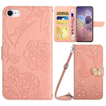 For iPhone 7 / 8 / SE (2020) / SE (2022) Phone Cover, Butterfly Flowers Imprinted Rhinestone Decor Wallet Stand Full Coverage Leather Case with Shoulder Strap