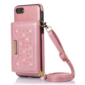 For iPhone 7 / 8 4.7 inch / SE (2020) / SE (2022) Rhinestone Wallet RFID Blocking Phone Cover Kickstand Leather Coated TPU Case with Shoulder Strap