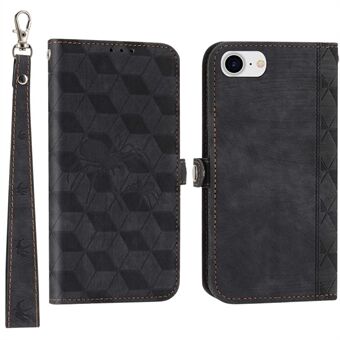 For iPhone 7 / 8 / SE(2020) / SE(2022) PU Leather Stand Wallet Cover Imprinted Spider Rhombus Pattern Anti-drop Case with Strap - Black