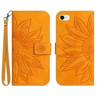 For iPhone 7 / 8 / SE (2020) / SE (2022) HT04 Skin-Touch PU Leather Phone Case Anti-fingerprint Imprinted Sunflower Stand Wallet Cover with Hand Strap