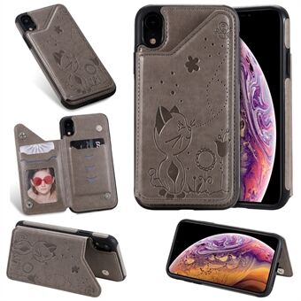 For iPhone XR 6.1 inch Imprint Cat and Bee Kickstand Card Holder PU Leather Coated TPU Case - Grey