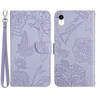 For iPhone XR 6.1 inch Skin-touch Feeling Leather Smartphone Case Butterfly Flower Pattern Imprinted Flip Wallet Phone Cover with Wrist Strap