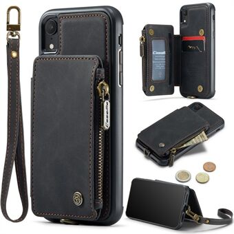 CASEME C20 Series Drop-proof Phone Case for iPhone XR 6.1 inch, RFID Blocking Zipper Pocket PU Leather Coated TPU Phone Cover Wallet Kickstand