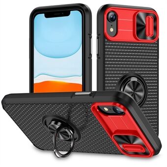 For iPhone XR 6.1 inch Ring Kickstand Phone Case PC+TPU Phone Cover with Slide Camera Lens Protector