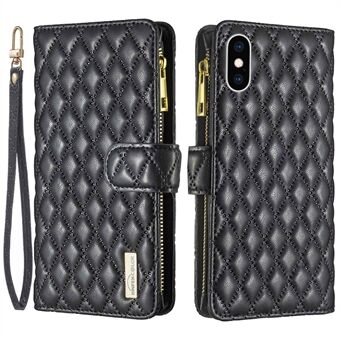 BINFEN COLOR BF Style-15 for iPhone XS Max 6.5 inch Zipper Pocket PU Leather Stand Wallet Case Anti-scratch Matte Rhombus Pattern Imprinted Phone Cover