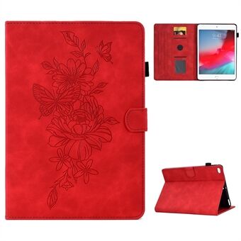 For iPad Mini / Mini 2 / mini 3 / mini 4 / mini (2019) 7.9 inch Shockproof Leather Case Butterfly Flower Pattern Imprinted Stitching Anti-Drop Tablet Cover with Card Holder, Stand