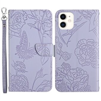 For iPhone 11 6.1 inch Butterfly Flower Imprinted Skin-touch Feeling PU Leather Wallet Stand Phone Case with Hand Strap