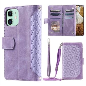 For iPhone 11 6.1 inch 005 Style Drop-proof Rhombus Texture Leather Wallet Cover Stand Zipper Pocket Phone Case with Shoulder Strap and Hand Strap