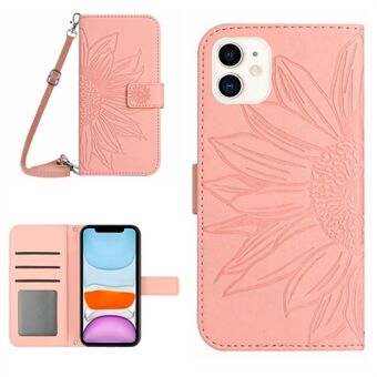 For iPhone 11 6.1 inch HT04 PU Leather Imprinted Sunflower Drop-proof Phone Case Skin-touch Wallet Stand Protector with Shoulder Strap