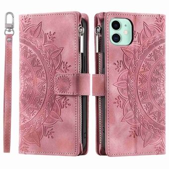 For iPhone 11 6.1 inch Mandala Flower Imprinted PU Leather Phone Cover Foldable Stand with Multiple Card Slots Zipper Pocket Wallet Case