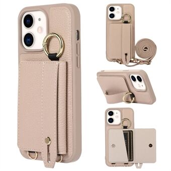 Fall-proof Cover for iPhone 11 6.1 inch Card Holder Hand Strap Leather+TPU Phone Kickstand Case with Shoulder Strap