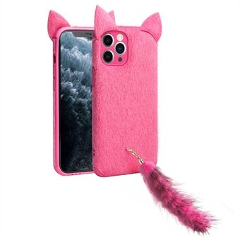 QIALINO Plush Coated TPU Fluffy Cat Ear Phone Cover Decor with Tail Strap for iPhone 11 Pro