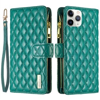 BINFEN COLOR BF Style-15 for iPhone 11 Pro 5.8 inch Zipper Pocket Stand Wallet PU Leather Shell Imprinting Rhombus Pattern Matte Phone Case