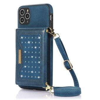 Rhinestone Decor Leather Coated TPU Case for iPhone 11 Pro 5.8 inch, Kickstand Wallet RFID Blocking Phone Cover with Shoulder Strap