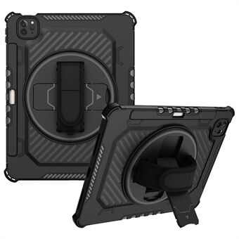 For iPad Pro 11 (2022) / (2021) / (2020) / (2018) / iPad Air (2022) / (2020) Type-A Helmet Protective Tablet Case 360-Degree Swivel Kickstand PC + TPU Shockproof Cover with Hand Grip Strap