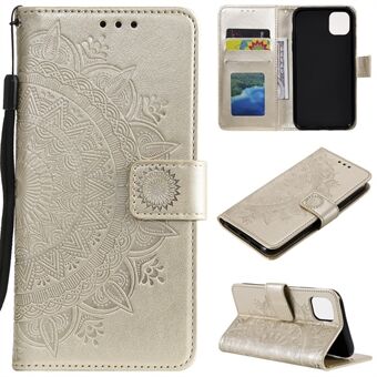 Imprinted Mandala Flower PU Leather Wallet Case Stand Magnetic Closure Flip Cover with Lanyard for iPhone 12 mini 5.4 inch