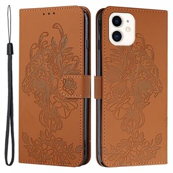 Tiger and Flower Imprint Leather Mobile Phone Case with Stand for iPhone 12 mini 5.4 inch