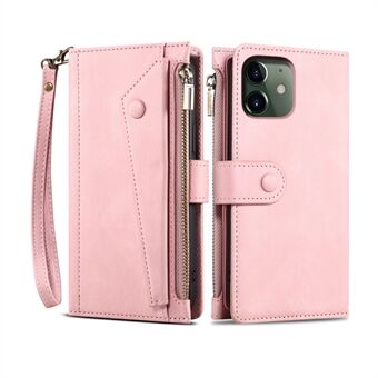 Slots Case Zippered Wallet Handy Strap All-round Protection Phone Cover with Stand for Apple iPhone 12 mini 5.4 inch