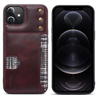 DENIOR Waxy Genuine Leather Coated TPU Case for iPhone 12 mini 5.4 inch, Shockproof Card Holder Protective Phone Cover