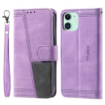 TTUDRCH For iPhone 12 mini 5.4 inch 004 Skin-touch Leather Splicing Phone Case RFID Blocking Wallet Stand Protective Phone Cover with Strap