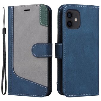 Tri-color Splicing Phone Case for iPhone 12 mini 5.4 inch, PU Leather Wallet Adjustable Stand Protective Cover with Strap