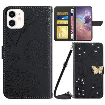 For iPhone 12 mini 5.4 inch Rhinestone Decor Skin-touch Leather Case with Shoulder Strap, Butterfly Flowers Imprinted Phone Cover with Stand Wallet