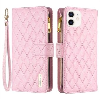 BINFEN COLOR BF Style-15 for iPhone 12 mini 5.4 inch Zipper Pocket Imprinting Rhombus Pattern Matte PU Leather Phone Case with Wallet Stand