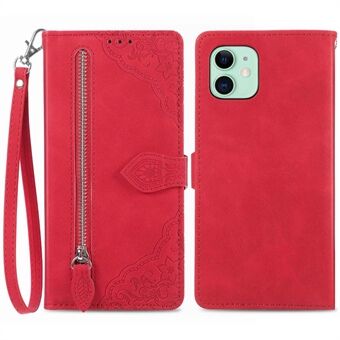 For iPhone 12 mini 5.4 inch Flower Imprinted PU Leather Case Zipper Pocket Wallet Stand Shockproof Phone Cover with Strap