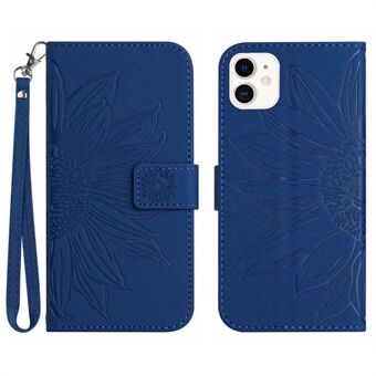 For iPhone 12 mini 5.4 inch HT04 Imprinted Sunflower Phone Shockproof Case Skin-Touch PU Leather Foldable Stand Wallet Cover with Hand Strap