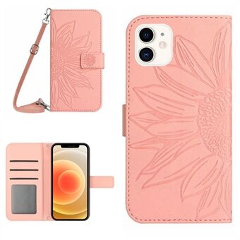 For iPhone 12 mini 5.4 inch HT04 Imprinted Sunflower PU Leather Skin-touch Phone Case Magnetic Closure Wallet Stand Cover with Shoulder Strap