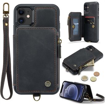 CASEME C20 Series for iPhone 12 mini 5.4 inch PU Leather Coated TPU Zipper Pocket Case RFID Blocking Wallet Kickstand Protective Phone Cover with Strap