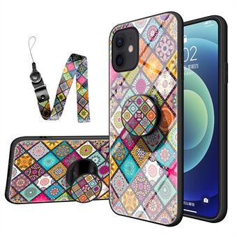 Colorful Flower Print Glass Hybrid Phone Cover Case with Kickstand Lanyard for iPhone 12 Pro/12