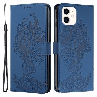 Stand Wallet Design Leather Phone Case Shell with Imprint Tiger Head and Flower for iPhone 12 / 12 Pro