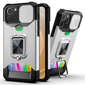 Built-in Magnetic Metal Sheet Design Hybrid Phone Case Camera Slider Cover Shell with Card Holder for iPhone 12 6.1 inch/12 Pro 6.1 inch