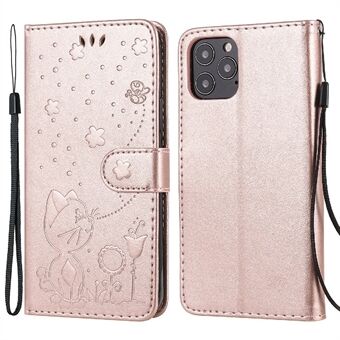 Imprint Cat and Bee Card Slots Wallet PU Leather Flip Phone Case with Stand for iPhone 12/12 Pro 6.1 inch