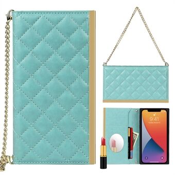 Hand Bag Grid Texture Phone Bag Leather Phone Stand Case with Makeup Mirror for iPhone 12/12 Pro 6.1 inch