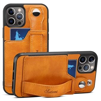 SUTENI Drop-proof PU Leather + TPU Hybrid Case with Adjustable Hand Strap Kickstand and Card Slot for iPhone 12/12 Pro 6.1 inch