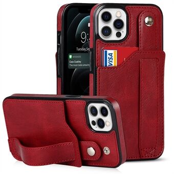 Hand Strap Kickstand Shockproof RFID Blocking Function PU Leather Coated TPU Case Shell with Card Slot for iPhone 12/12 Pro 6.1 inch