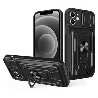 Ring Holder Kickstand Design PC + TPU Phone Case with Camera Slide Cover and Detachable Card Holder for iPhone 12 6.1 inch