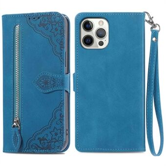 For iPhone 12/12 Pro 6.1 inch Imprinted Leather Dual-sided Magnetic Clasp Cell Phone Case Zipper Pocket Design Folio Flip Wallet Protector with Stand